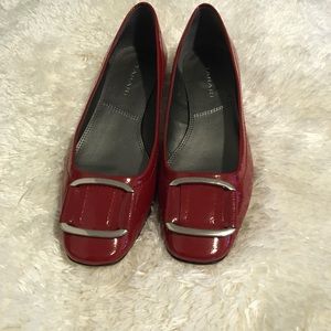 Slightly Worn Flat Red and Silver Patent Leather Shoes